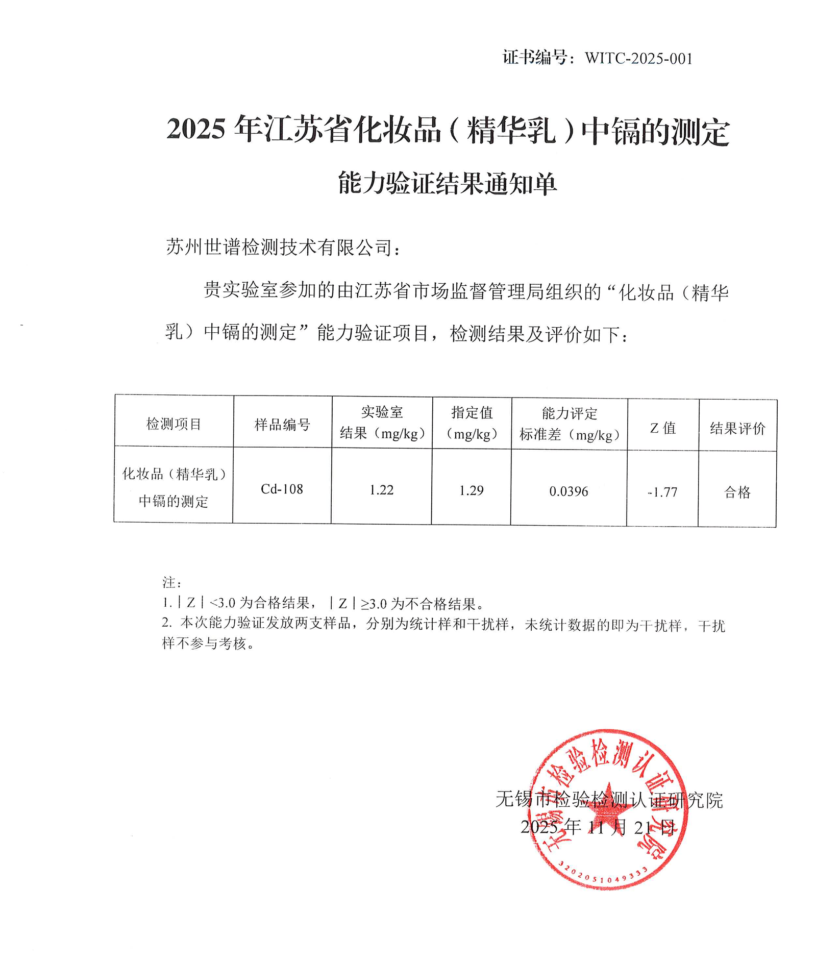 世谱检测通过2025年江苏省检验检测机构能力验证
